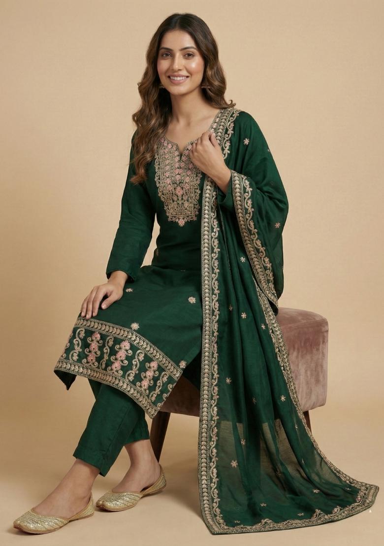 Green Embroidered Chinon Kurta Set - Indya
