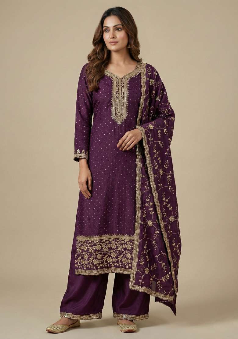 Wine Embroidered Chinon Straight Kurta Set - Indya