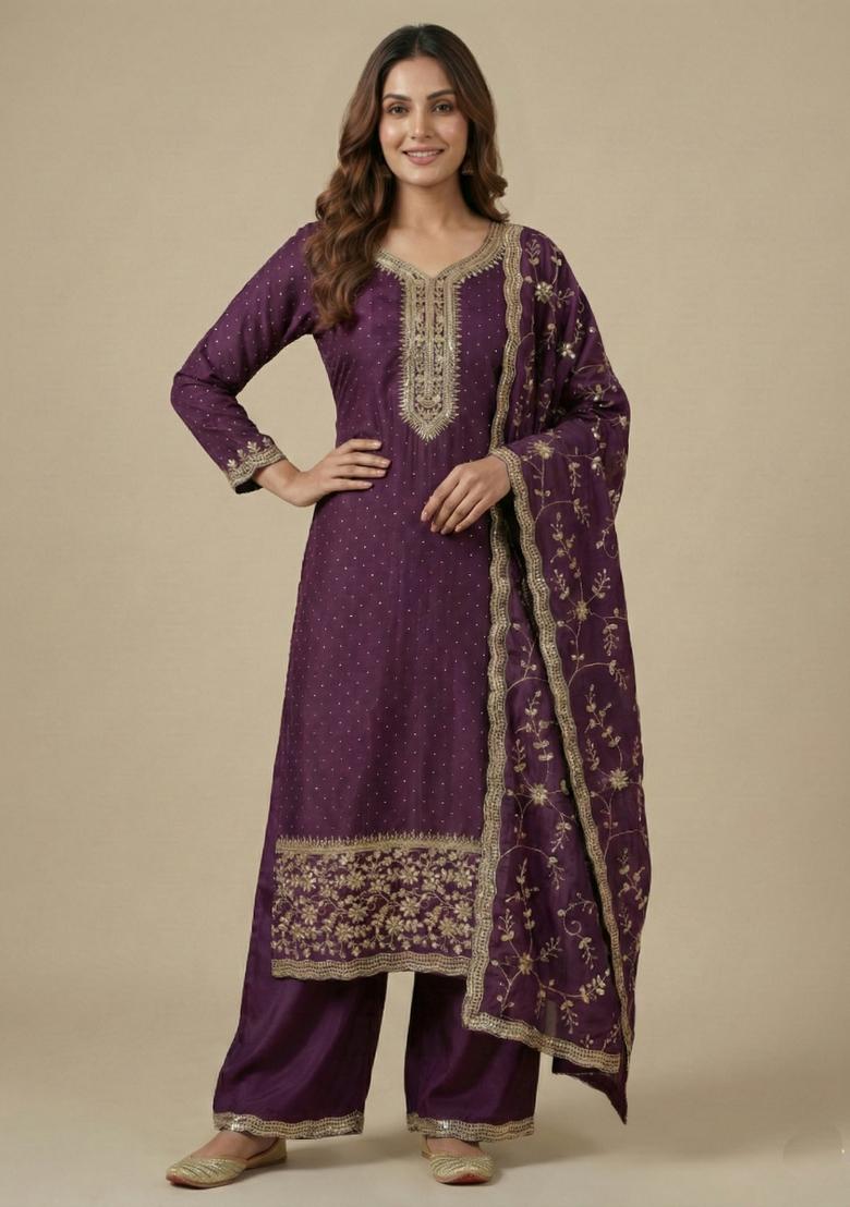 Wine Embroidered Chinon Kurta Set - Indya