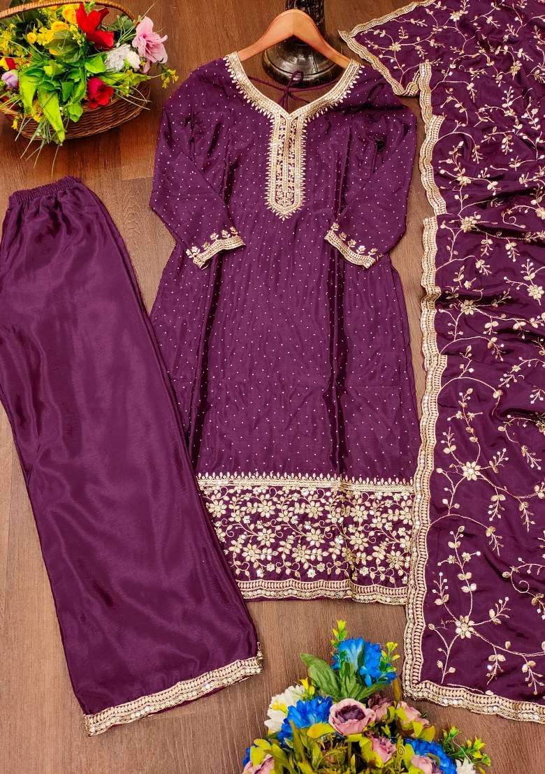 Wine Embroidered Chinon Straight Kurta Set - Indya