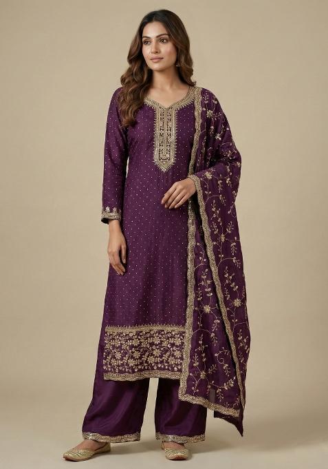 Wine Embroidered Chinon Kurta Set