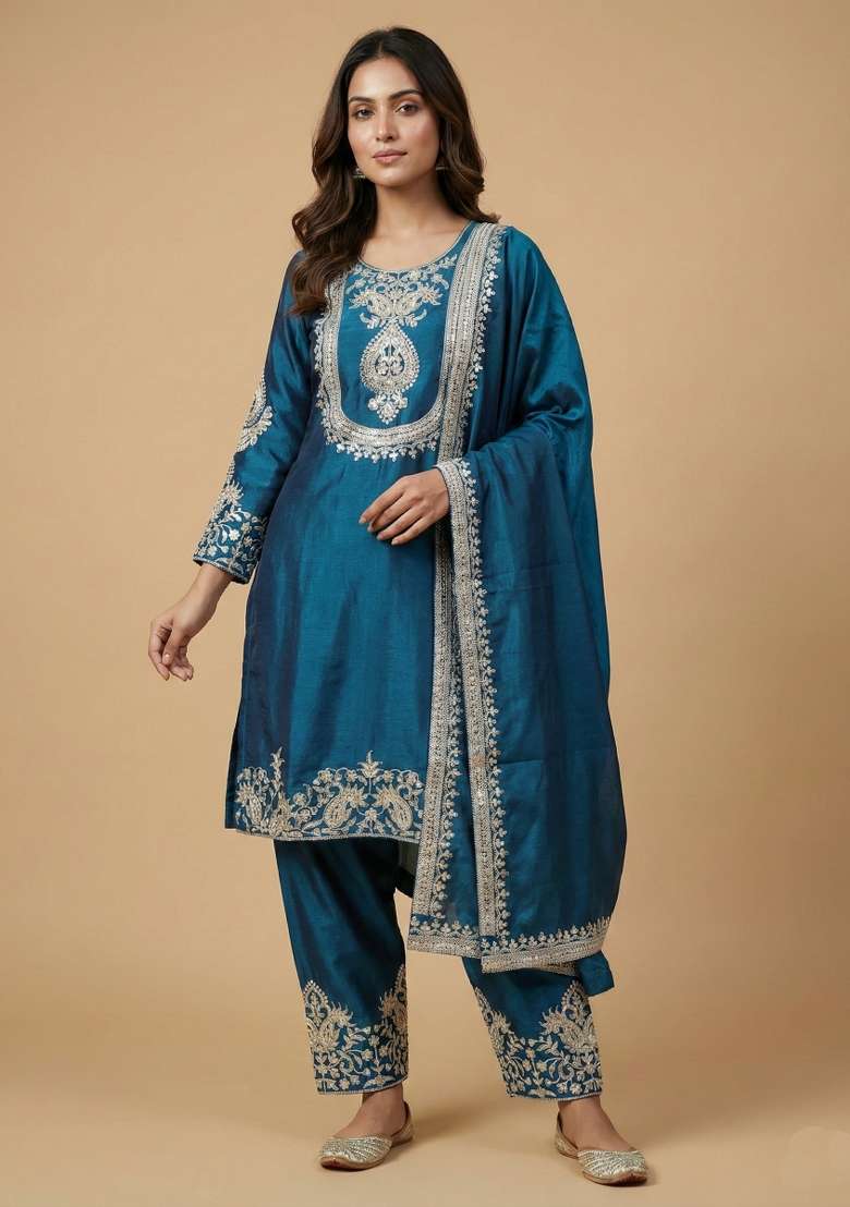 Teal Embroidered Chinon Straight Kurta Set - Indya