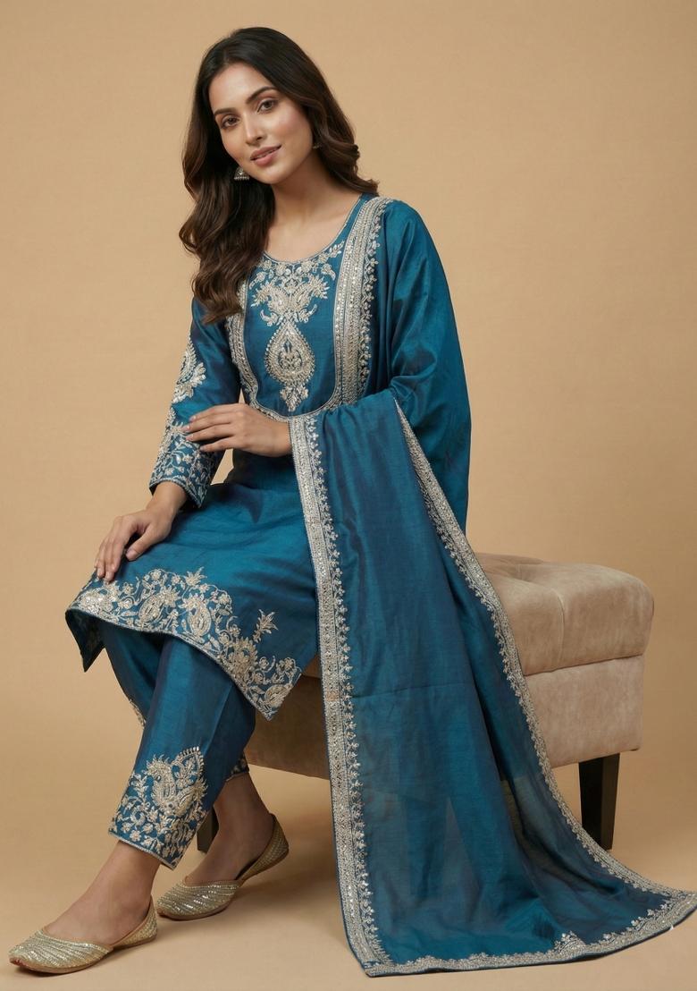 Teal Embroidered Chinon Kurta Set - Indya