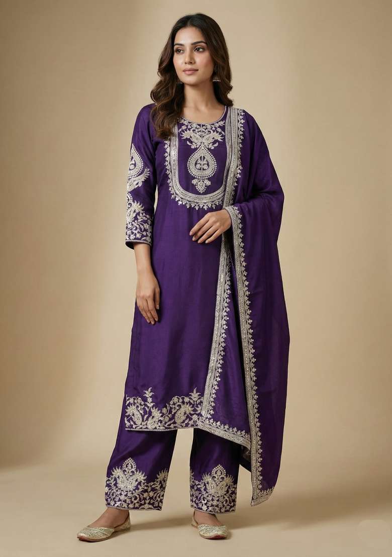 Purple Embroidered Chinon Straight Kurta Set - Indya