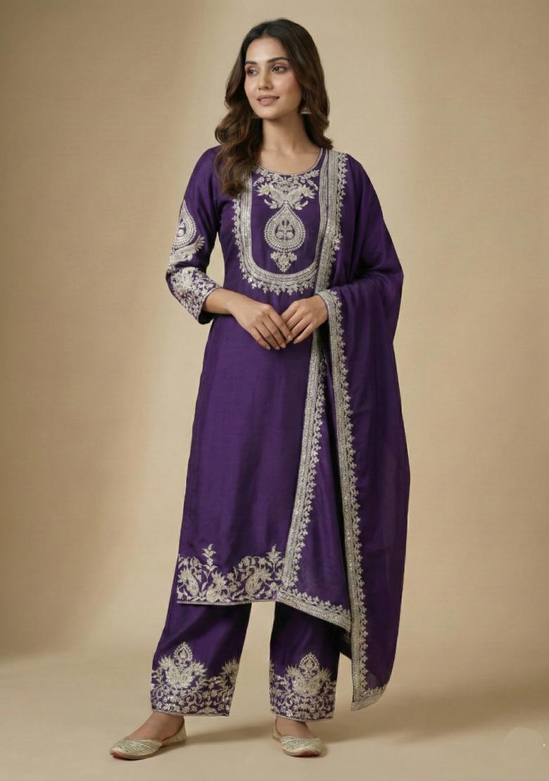Purple Embroidered Chinon Kurta Set - Indya