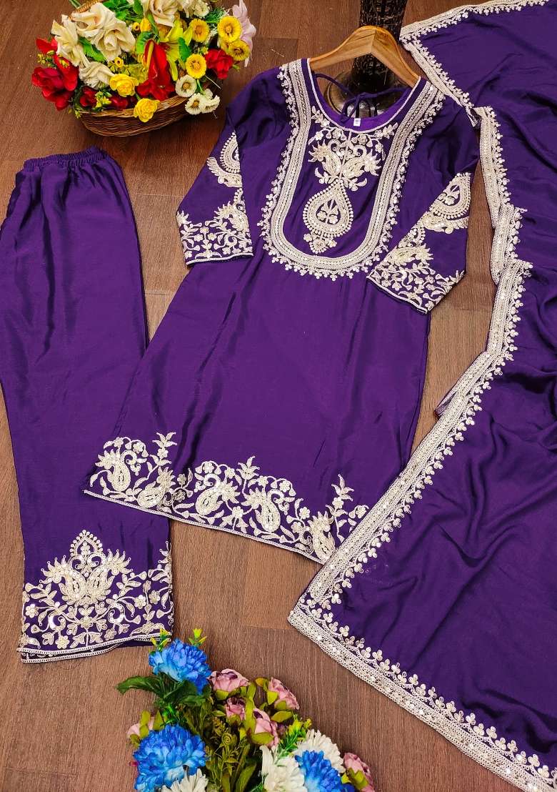 Purple Embroidered Chinon Straight Kurta Set - Indya