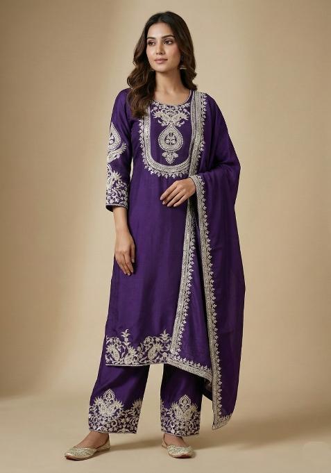 Purple Embroidered Chinon Kurta Set
