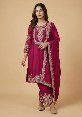 Pink Embroidered Chinon Kurta Set