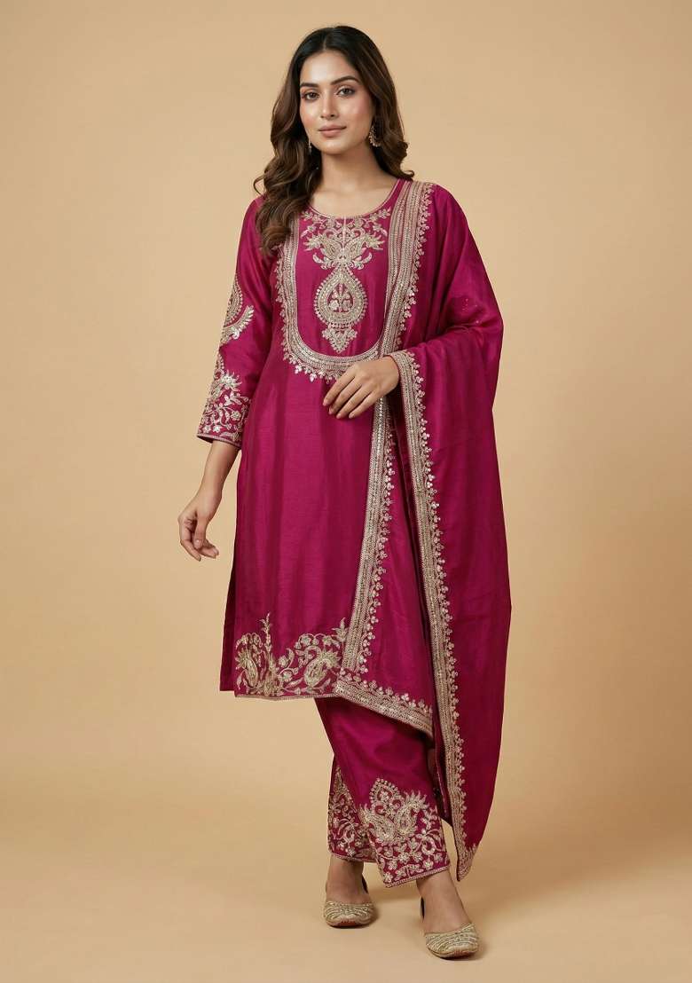 Pink Embroidered Chinon Straight Kurta Set - Indya