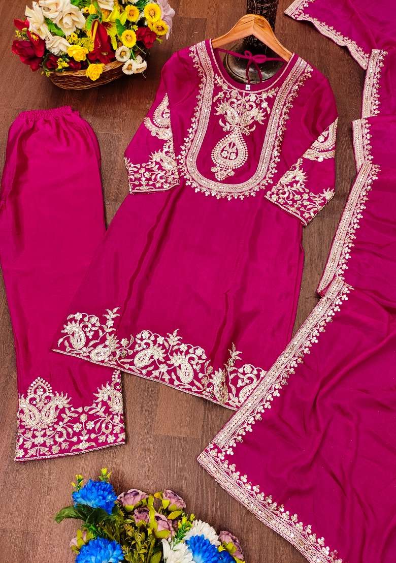 Pink Embroidered Chinon Straight Kurta Set - Indya