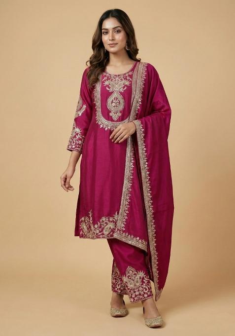 Pink Embroidered Chinon Kurta Set