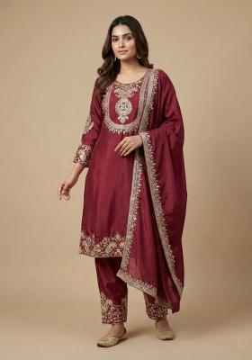 Maroon Embroidered Chinon Kurta Set