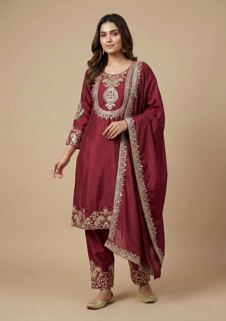 Maroon Embroidered Chinon Straight Kurta Set - Indya