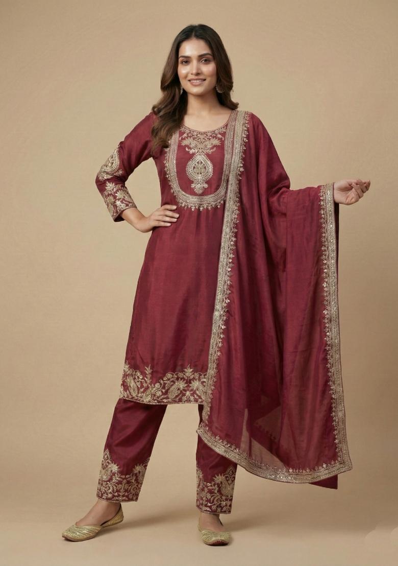 Maroon Embroidered Chinon Kurta Set - Indya