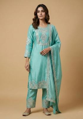 Sky Blue Embroidered Chinon Kurta Set