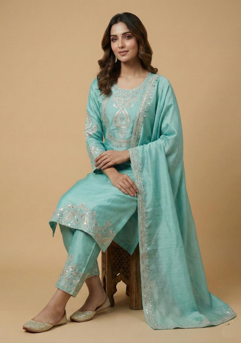 Sky Blue Embroidered Chinon Kurta Set - Indya