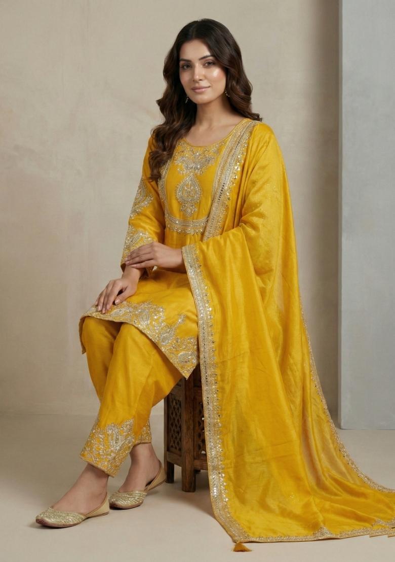 Yellow Embroidered Chinon Kurta Set - Indya