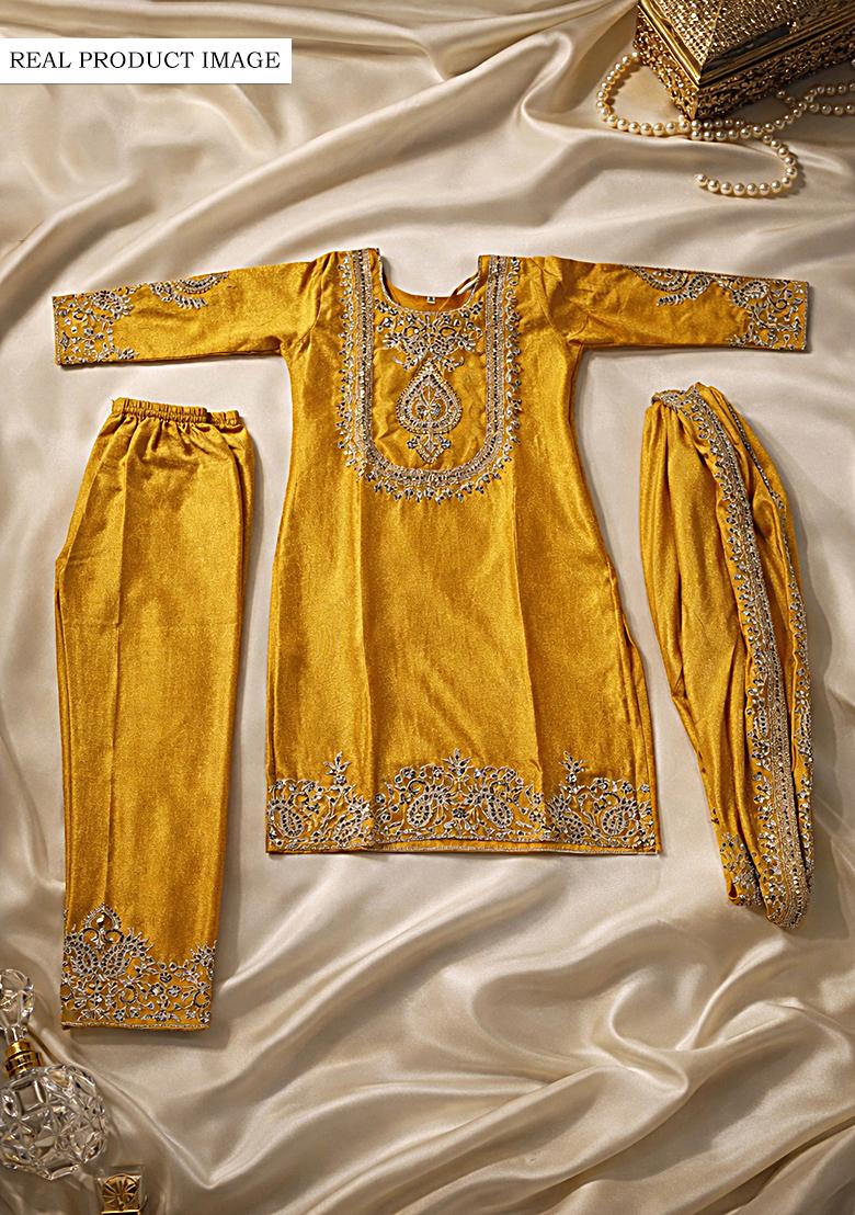 Yellow Embroidered Chinon Kurta Set - Indya
