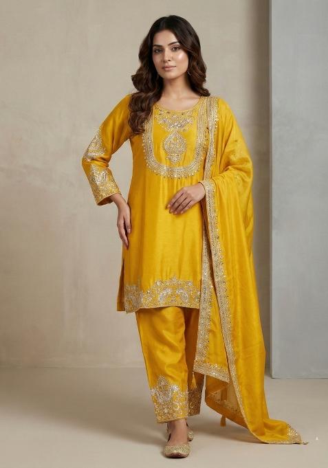 Yellow Embroidered Chinon Kurta Set
