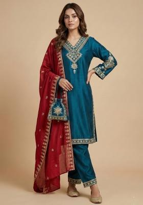 Teal Red Embroidered Chinon Kurta Set