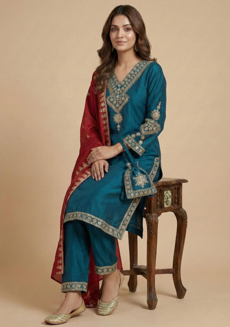 Teal Red Embroidered Chinon Kurta Set - Indya