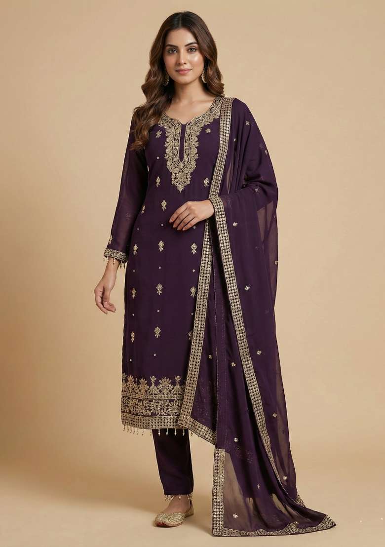 Wine Embroidered Georgette Straight Kurta Set - Indya
