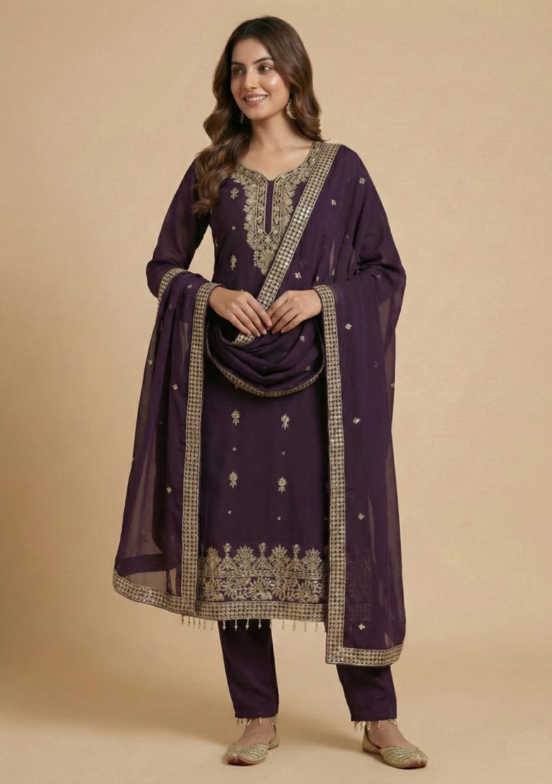 Wine Embroidered Georgette Kurta Set - Indya