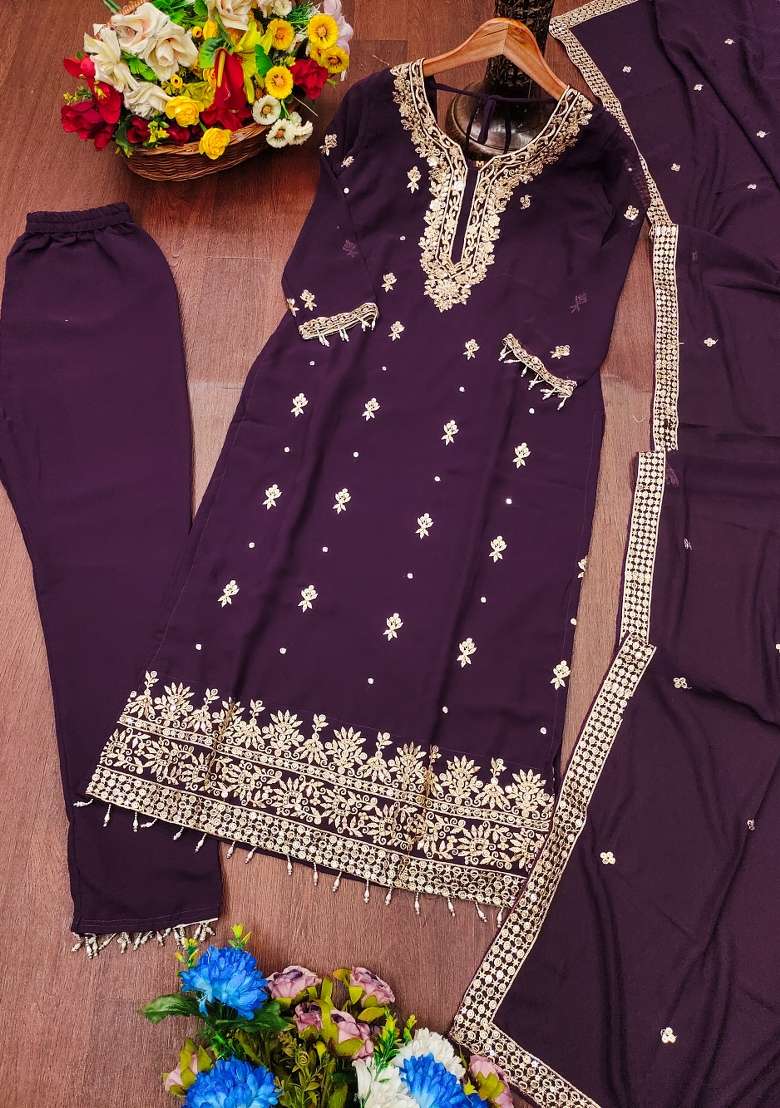 Wine Embroidered Georgette Straight Kurta Set - Indya