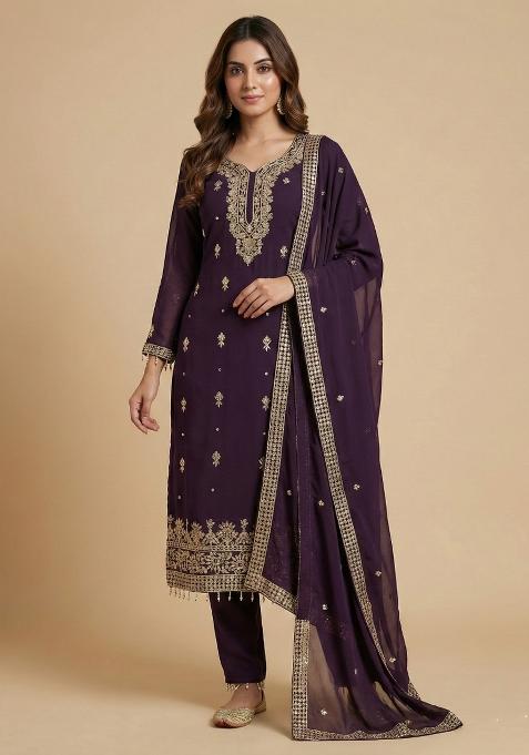 Wine Embroidered Georgette Kurta Set