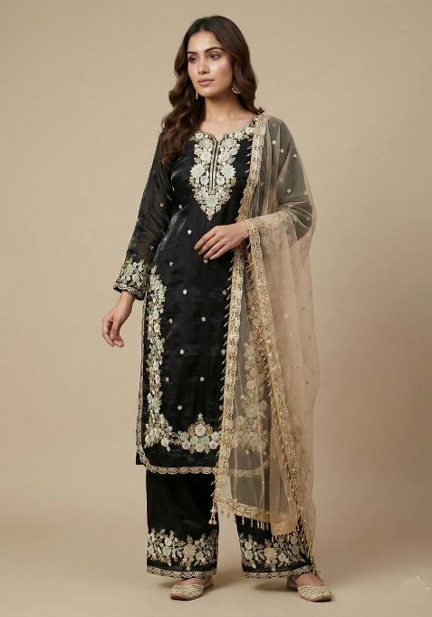 Black And Beige Embroidered Silk Kurta Set