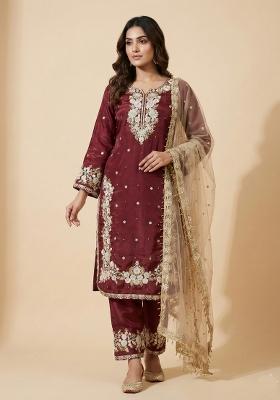 Maroon Beige Embroidered Silk Kurta Set