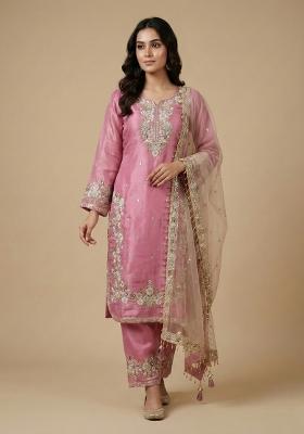 Pink Beige Embroidered Silk Kurta Set