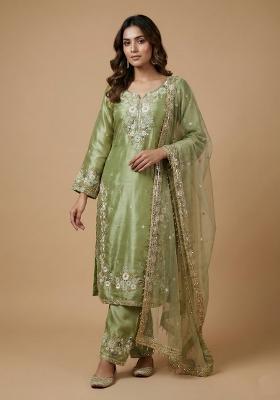 Pista Beige Embroidered Silk Kurta Set