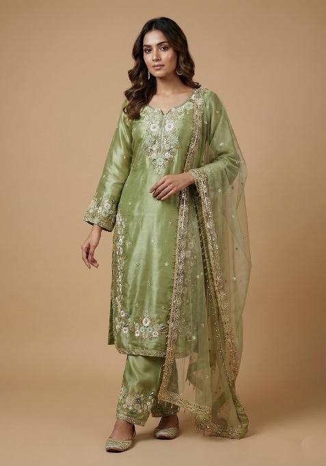 Pista Beige Embroidered Silk Kurta Set