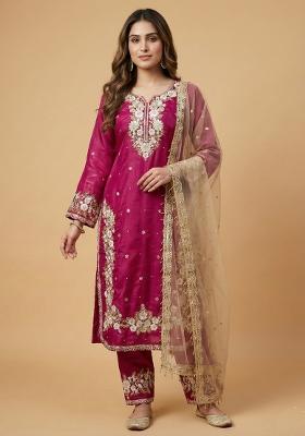 Rani Pink Beige Embroidered Silk Kurta Set