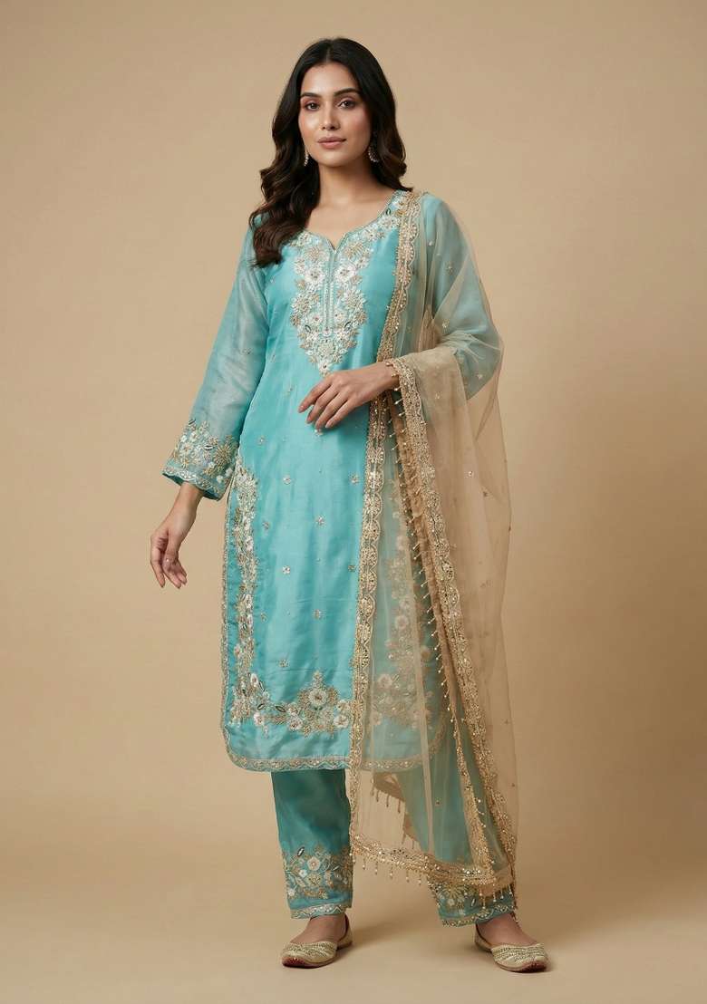 Sky Blue And Beige Embroidered Silk Kurta Set - Indya