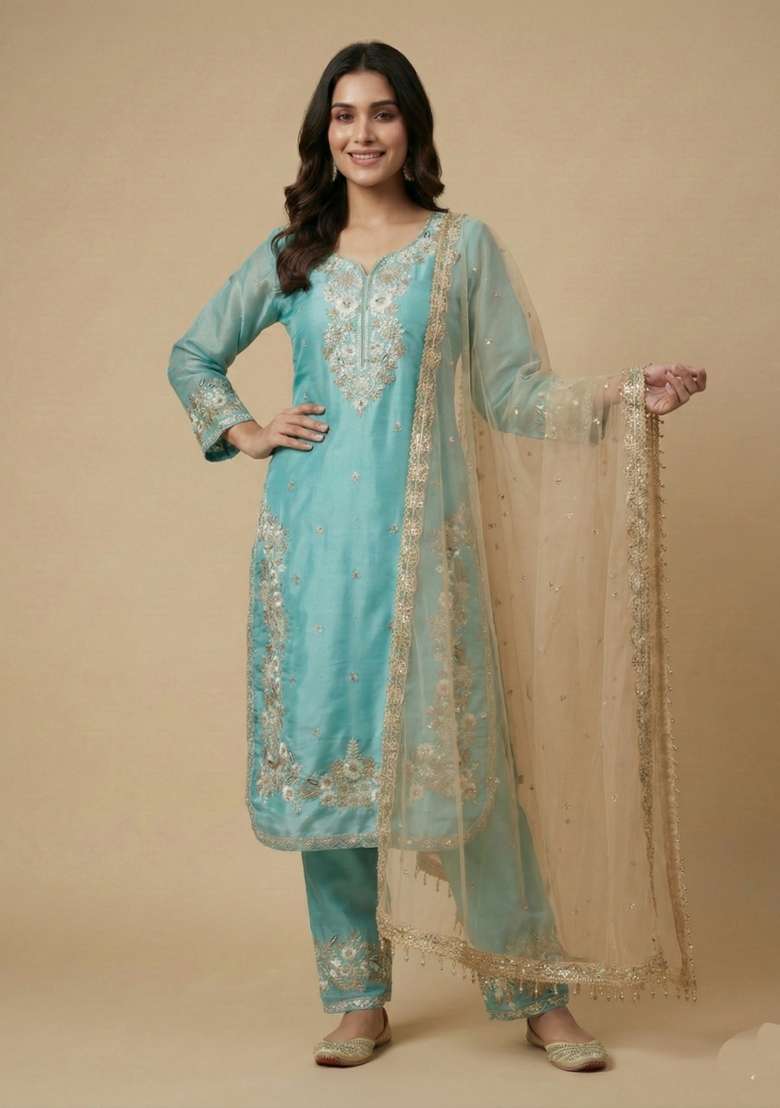Sky Blue And Beige Embroidered Silk Kurta Set - Indya
