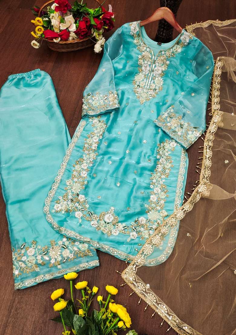 Sky Blue And Beige Embroidered Silk Kurta Set - Indya