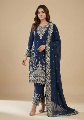 Blue Embroidered Georgette Kurta Set