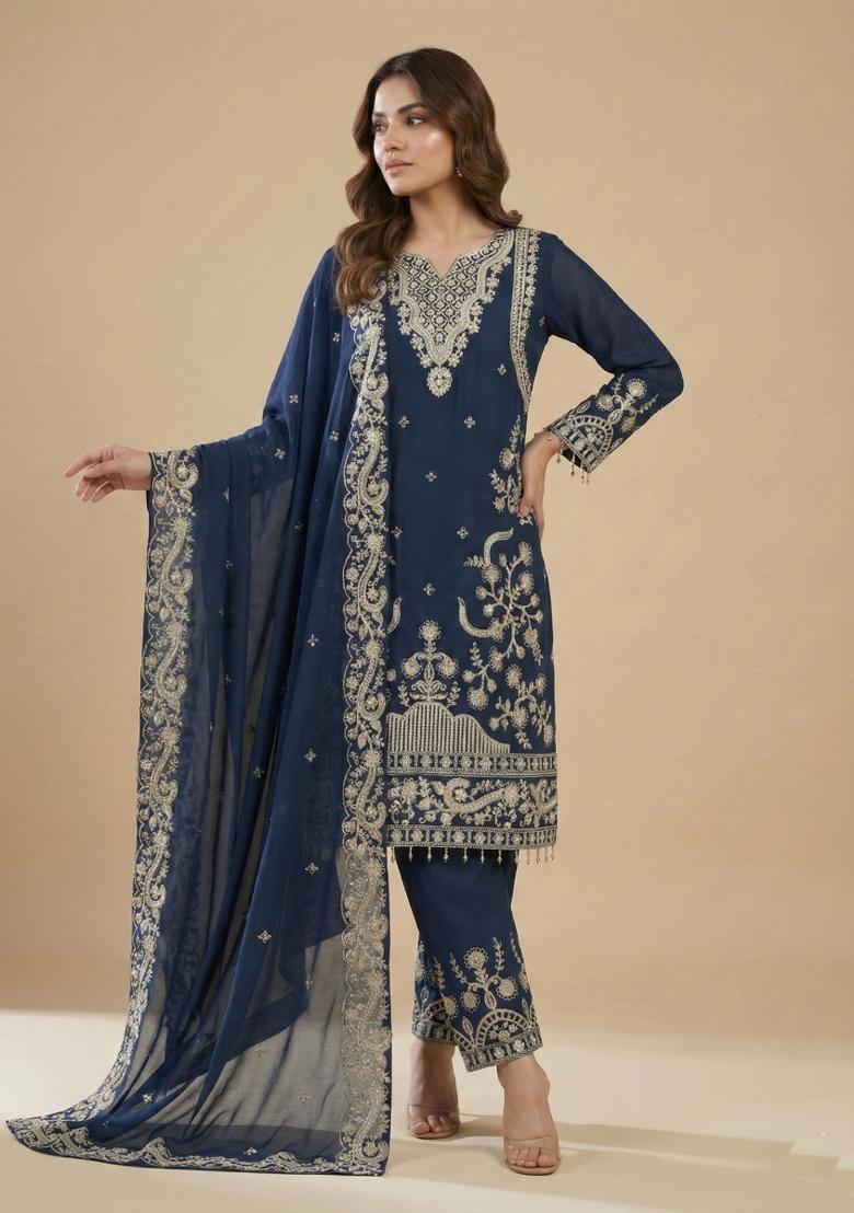 Blue Embroidered Georgette Kurta Set - Indya