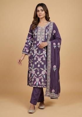 Purple Embroidered Chinon Kurta Set