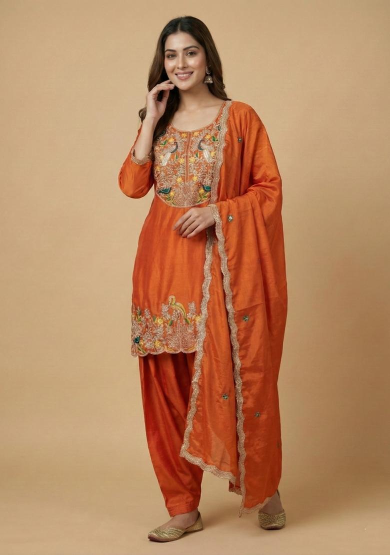 Orange Embroidered Chinon Kurta Set - Indya