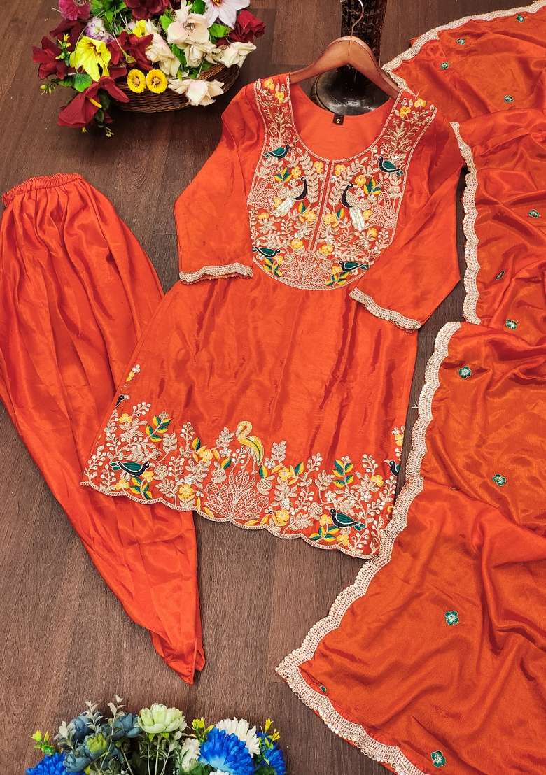 Orange Embroidered Chinon Punjabi Suit - Indya