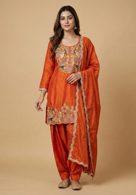 Orange Embroidered Chinon Kurta Set