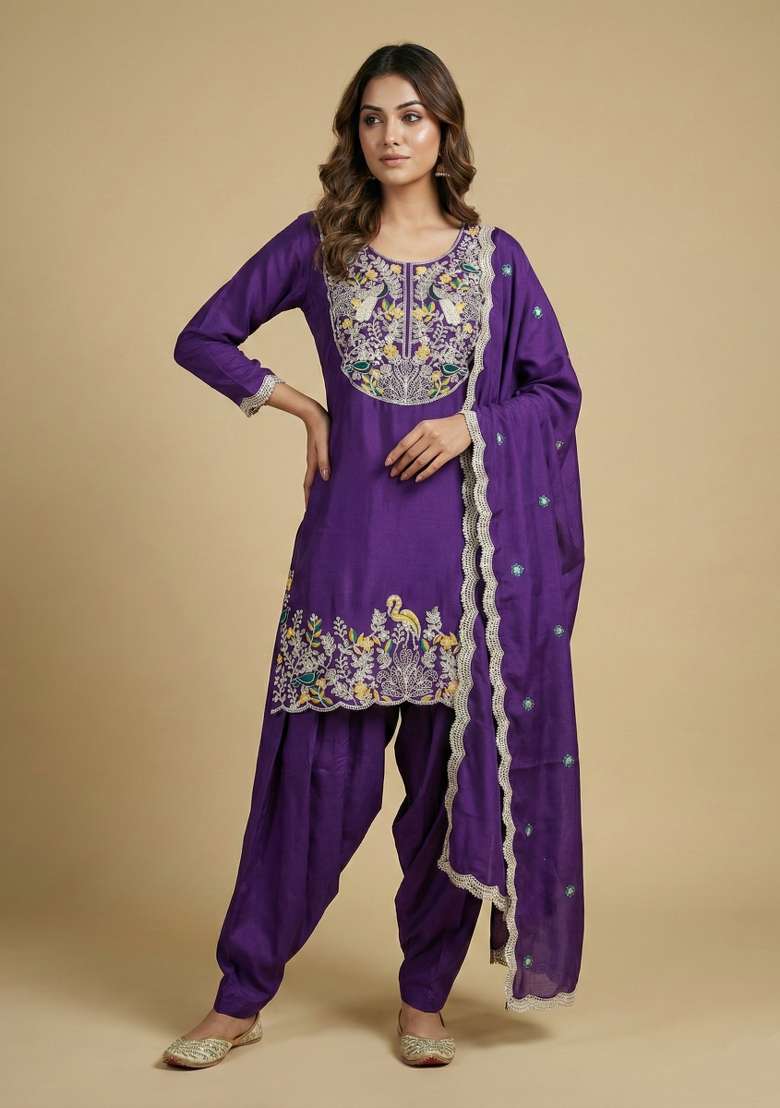 Purple Embroidered Chinon Punjabi Suit - Indya