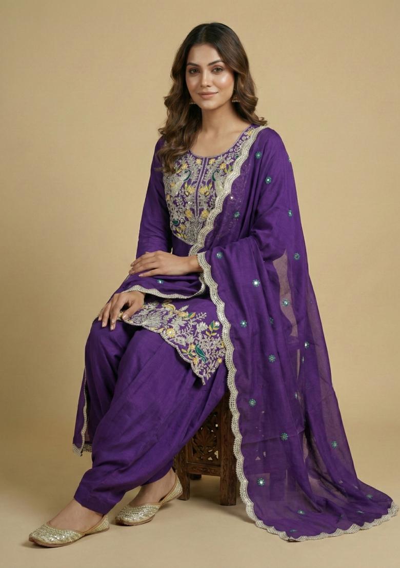Purple Embroidered Chinon Kurta Set - Indya