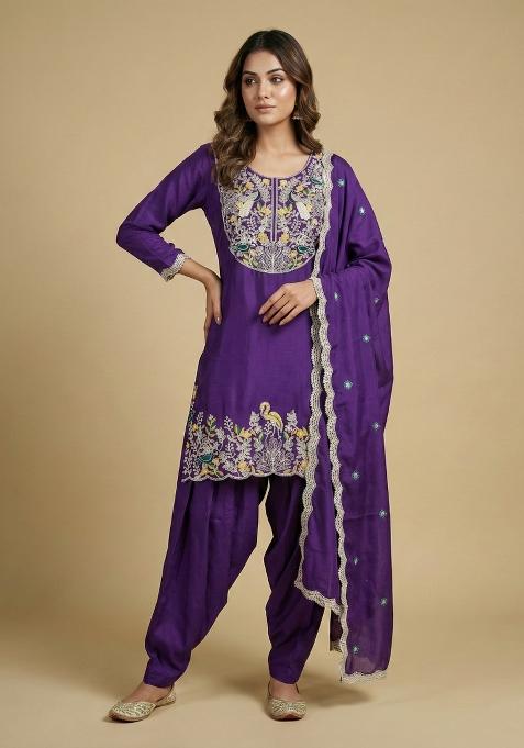 Purple Embroidered Chinon Kurta Set