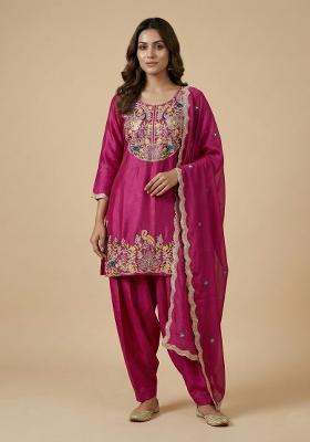 Rani Pink Embroidered Chinon Kurta Set