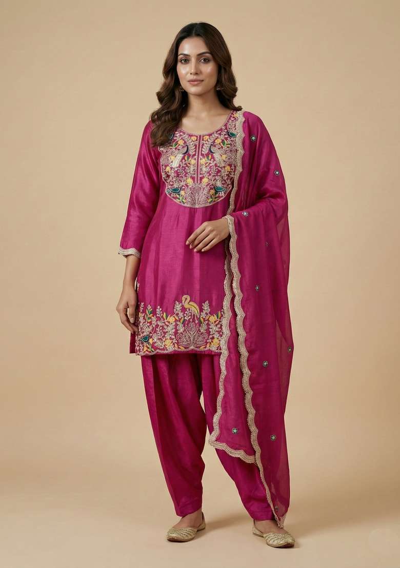 Rani Pink Embroidered Chinon Punjabi Suit - Indya