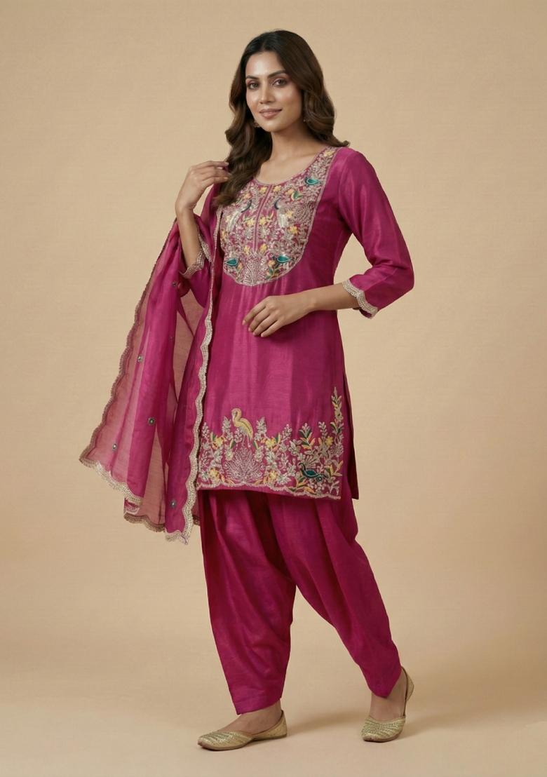 Rani Pink Embroidered Chinon Kurta Set - Indya